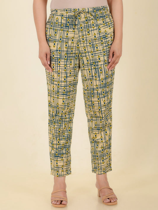 Soft Cotton Abstract Green Tapered Trousers