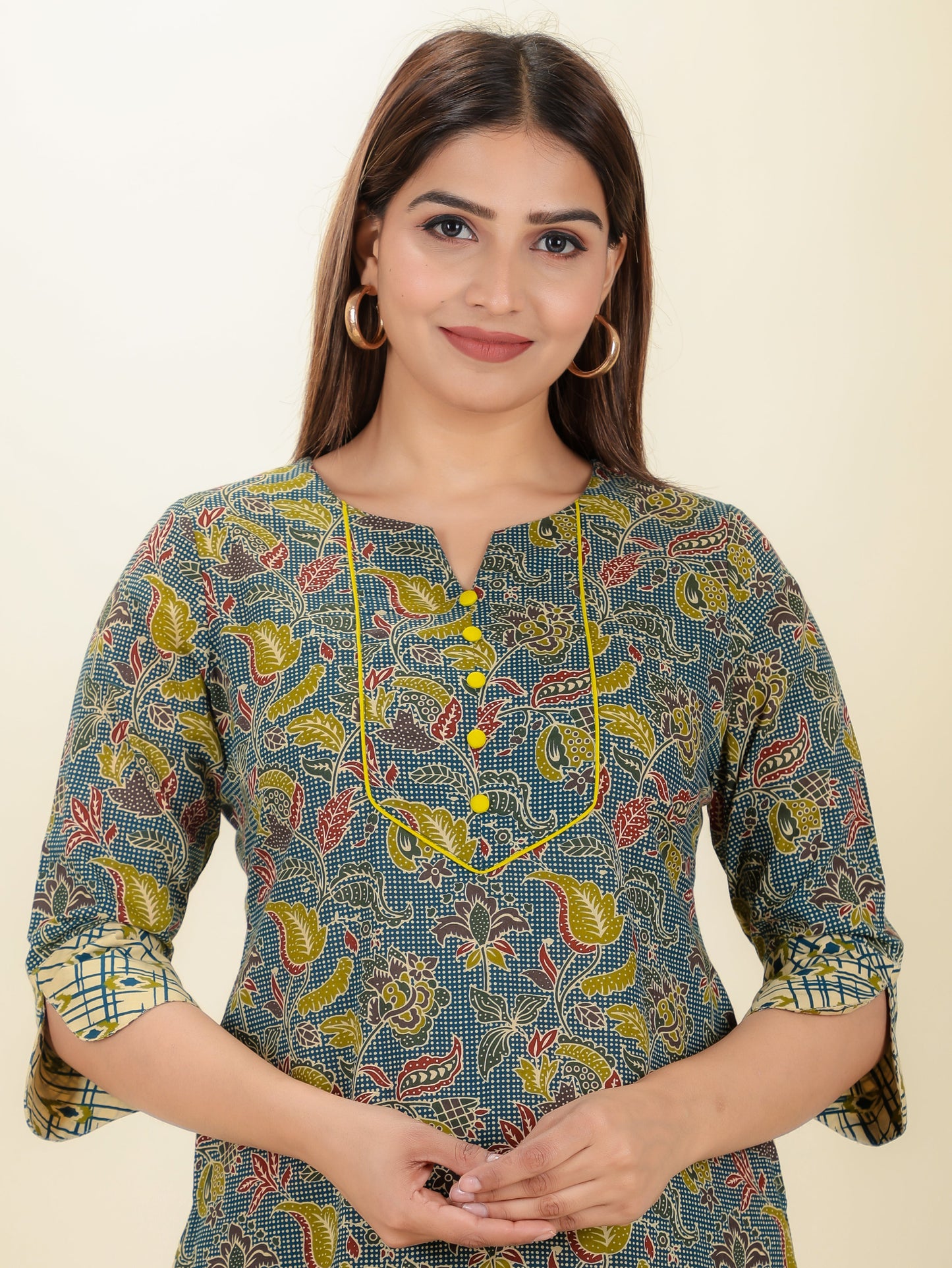 Soft Cotton Floral Straight Green Kurta