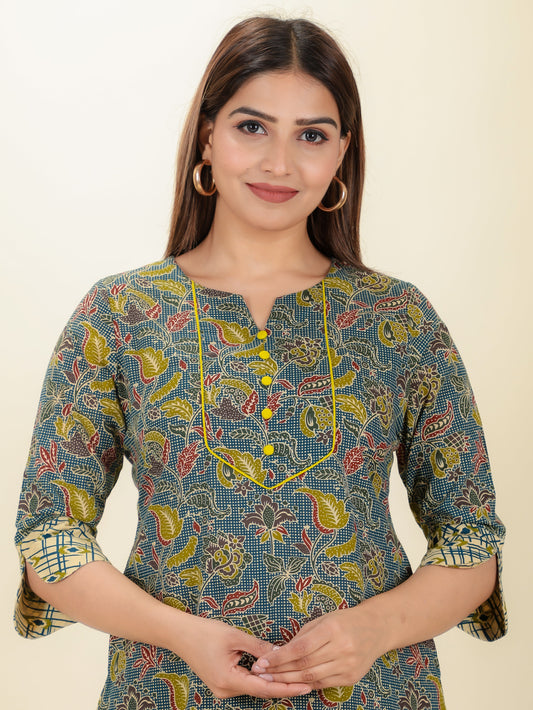 Soft Cotton Floral Straight Green Kurta