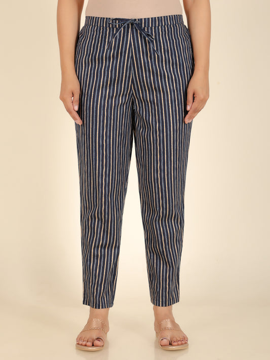 Soft Cotton Striped Blue Tapered Trousers