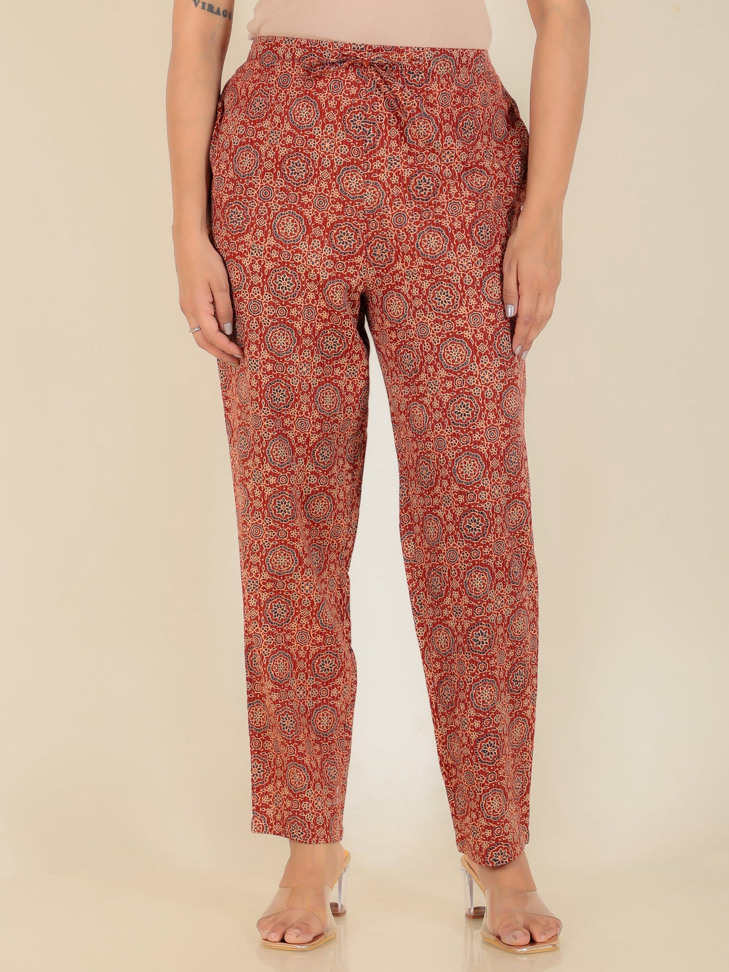 Kantha Cotton Ajrakh Rust Tapered Trousers