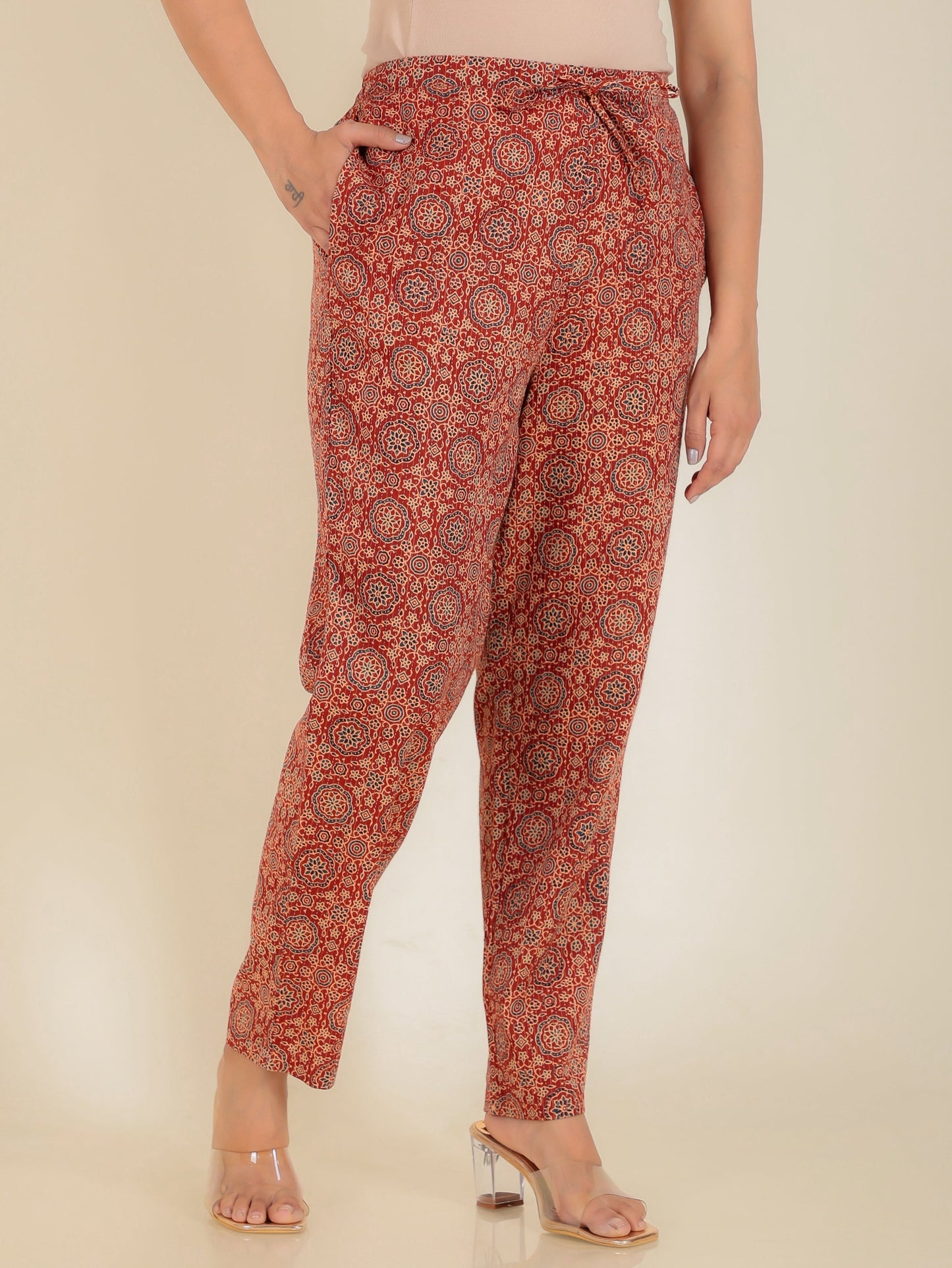 Kantha Cotton Ajrakh Rust Tapered Trousers