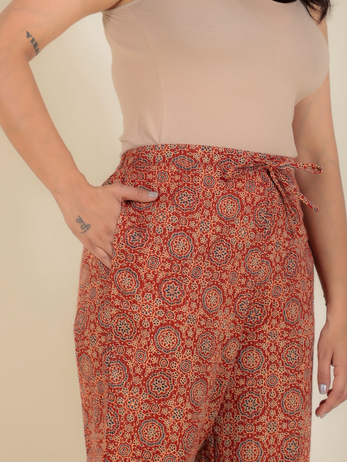 Kantha Cotton Ajrakh Rust Tapered Trousers