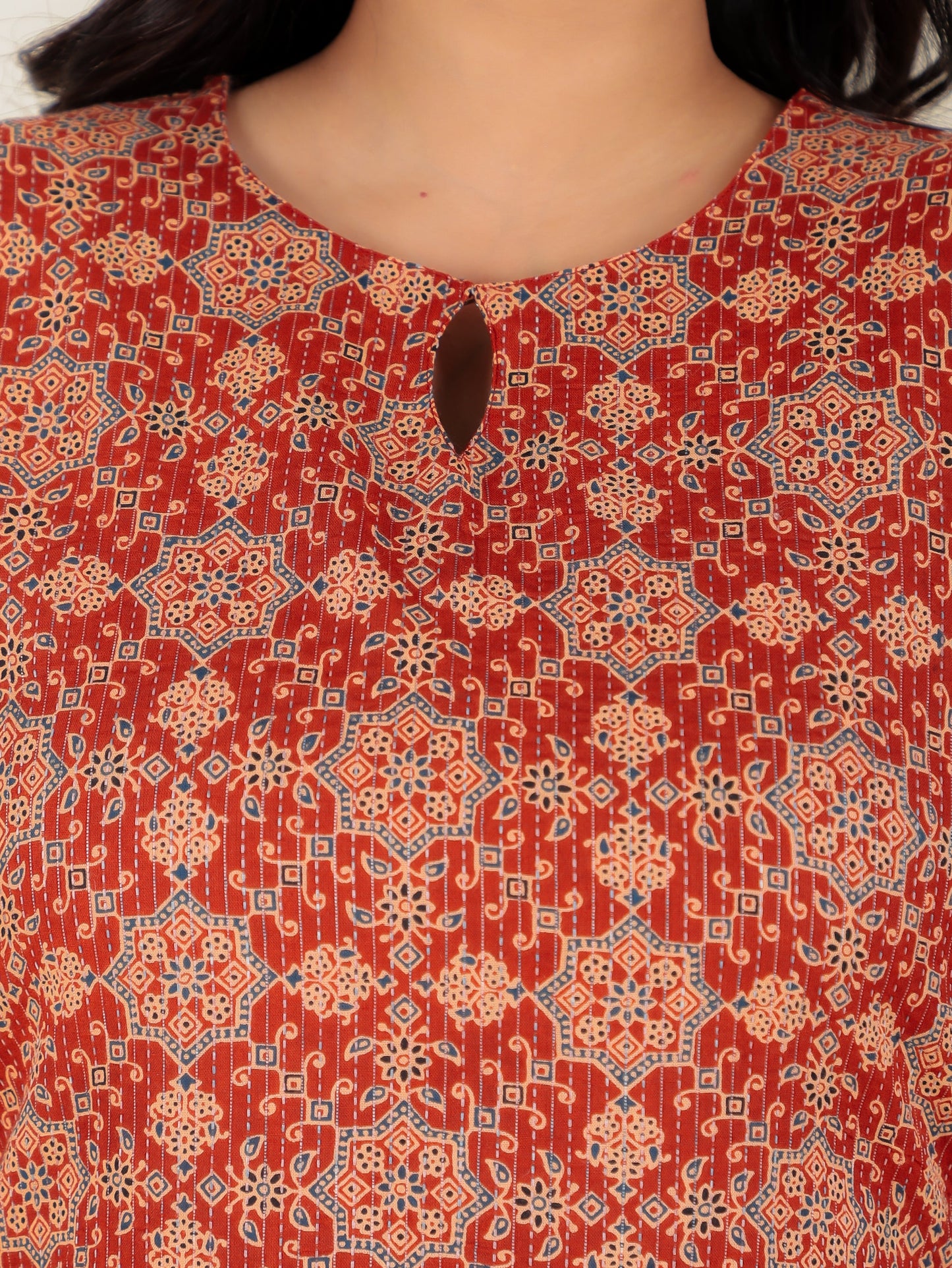 Kantha Cotton Ajrakh Straight Rust Kurta