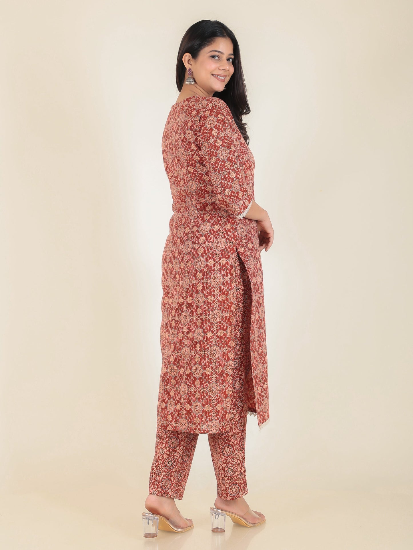 Kantha Cotton Ajrakh Straight Rust Kurta