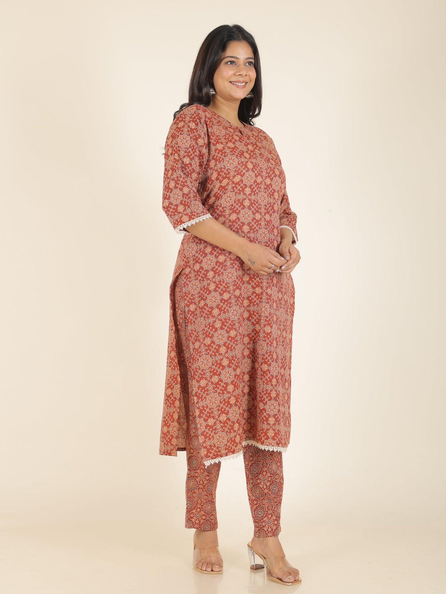 Kantha Cotton Ajrakh Straight Rust Kurta