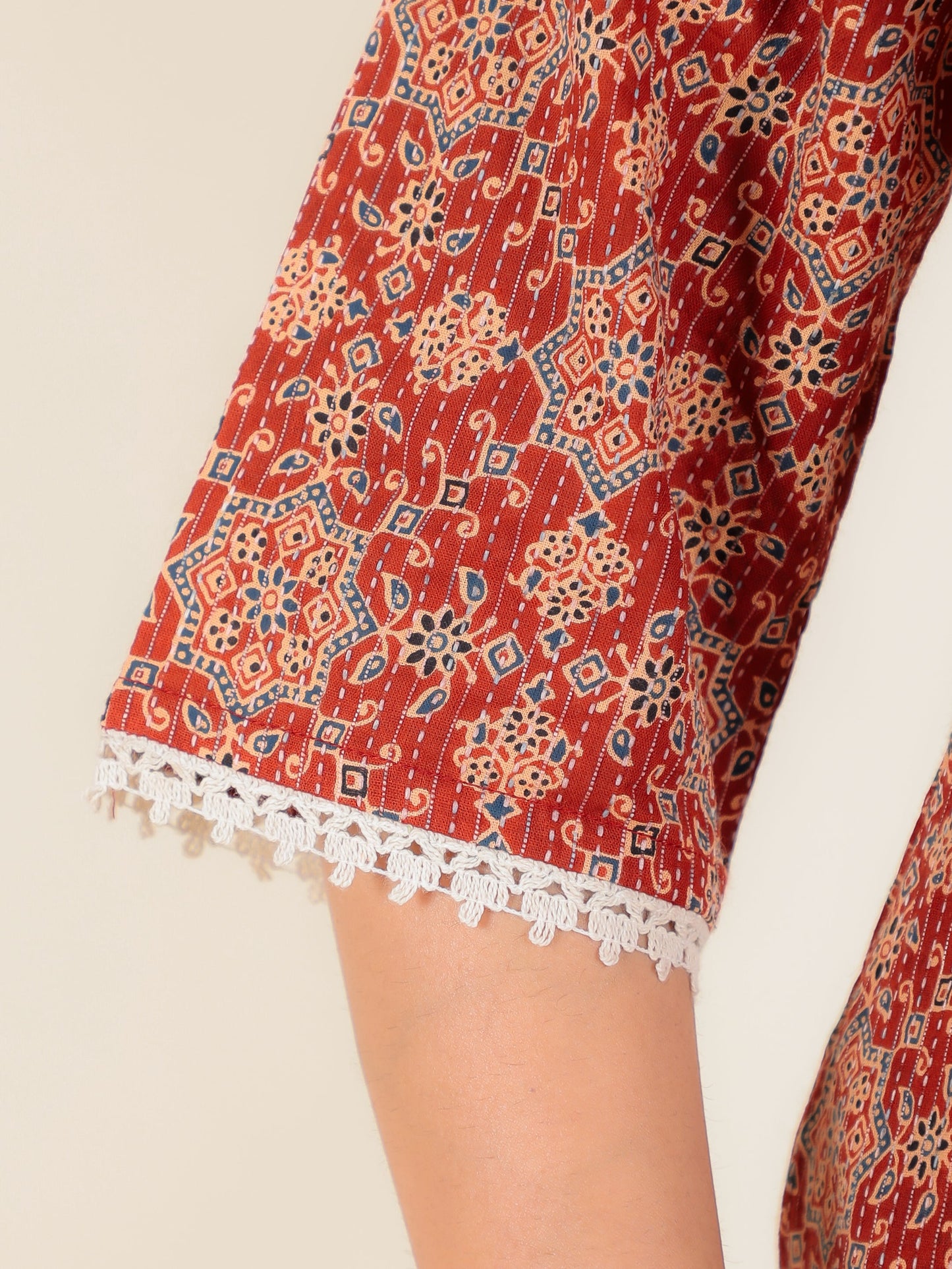 Kantha Cotton Ajrakh Straight Rust Kurta