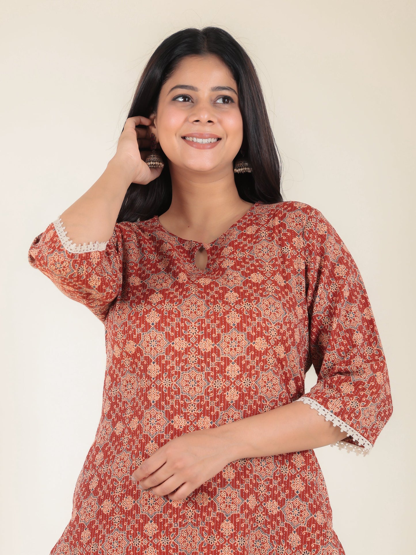 Kantha Cotton Ajrakh Straight Rust Kurta