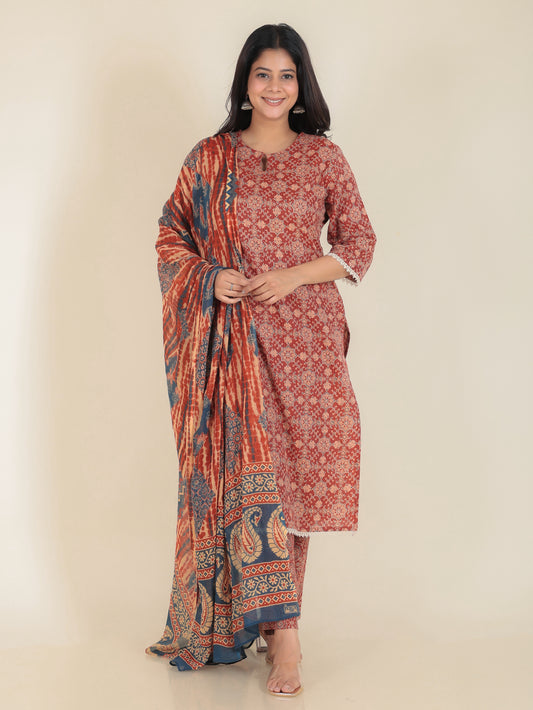 Kantha Cotton Ajrakh Straight Rust Kurta