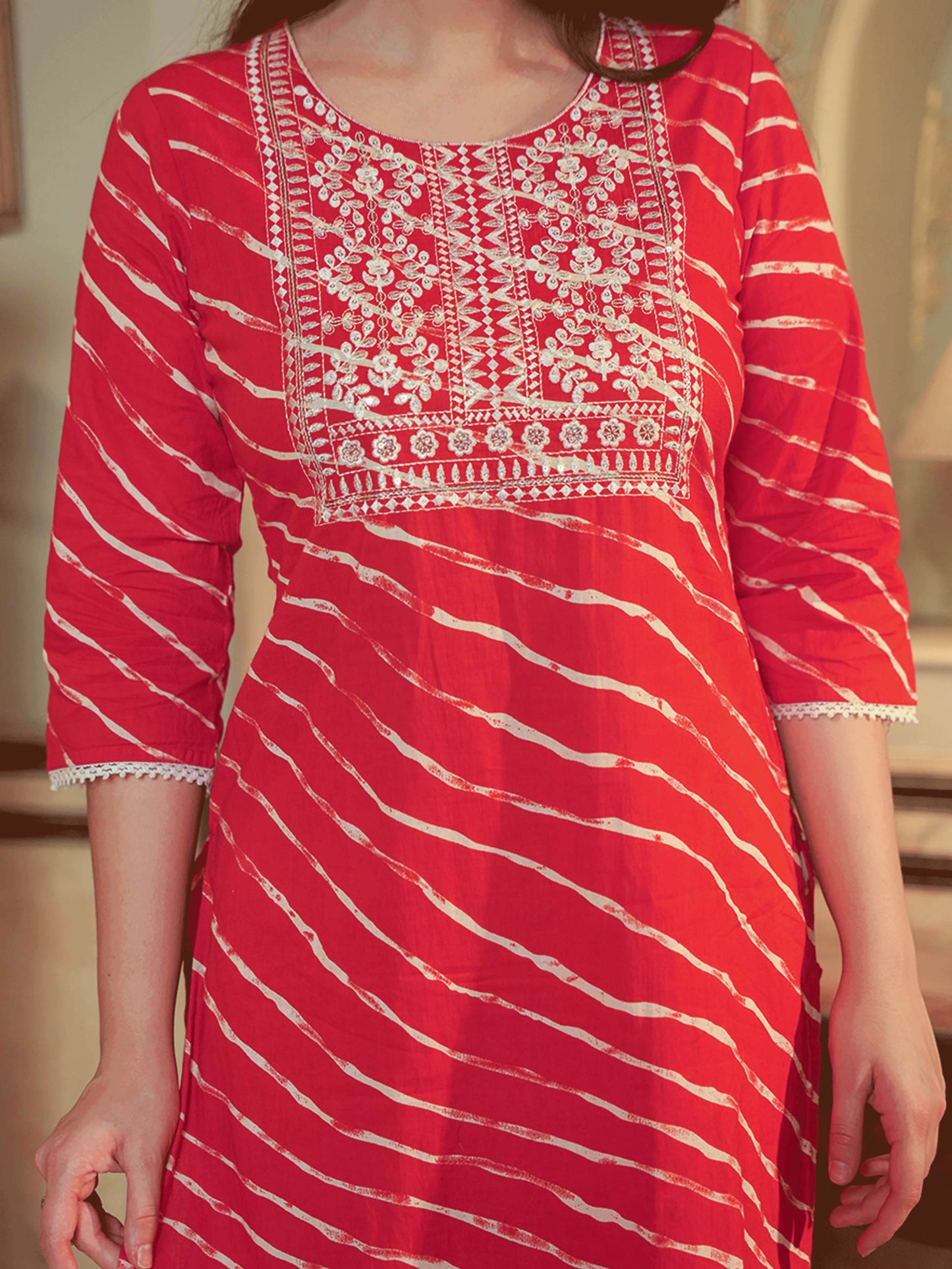 Embroidered Soft Cotton Leheriya Straight Orange Kurta