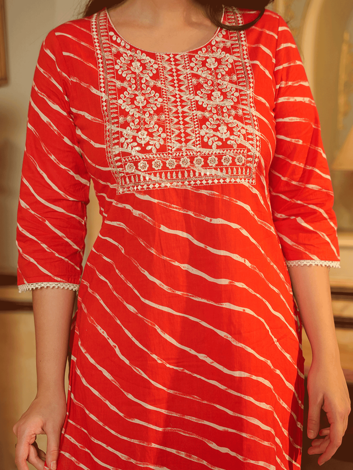 Embroidered Soft Cotton Leheriya Straight Orange Kurta