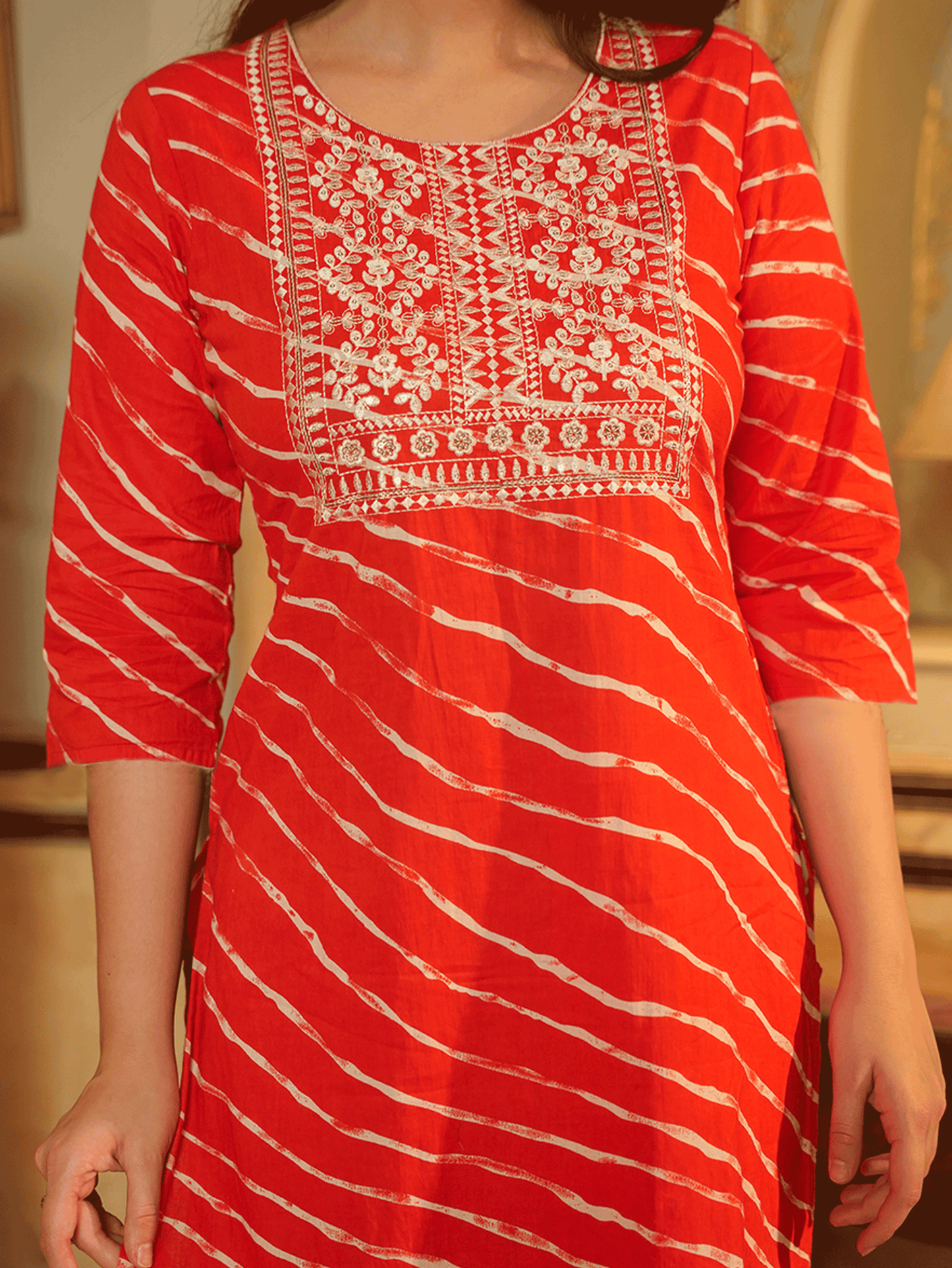Embroidered Soft Cotton Leheriya Straight Orange Kurta
