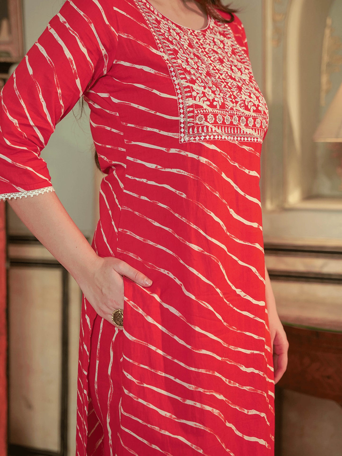 Embroidered Soft Cotton Leheriya Straight Orange Kurta