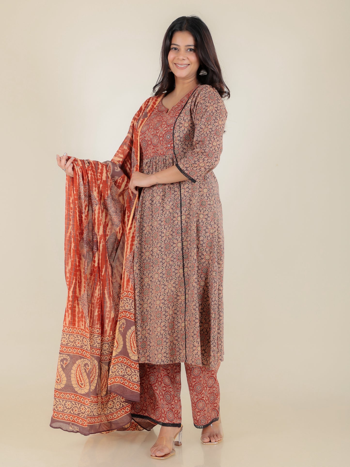 Embroidered Kantha Cotton Ajrakh Panelled Brown Kurta