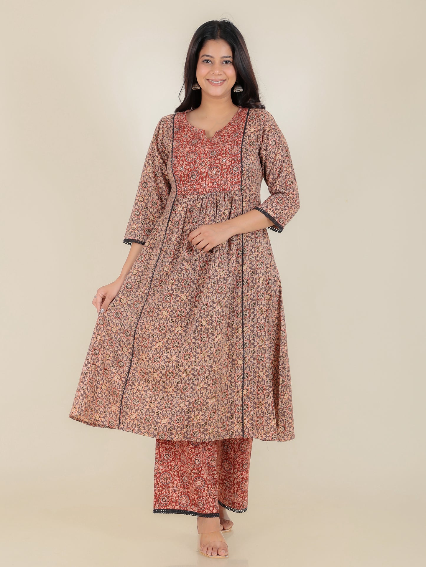 Embroidered Kantha Cotton Ajrakh Panelled Brown Kurta
