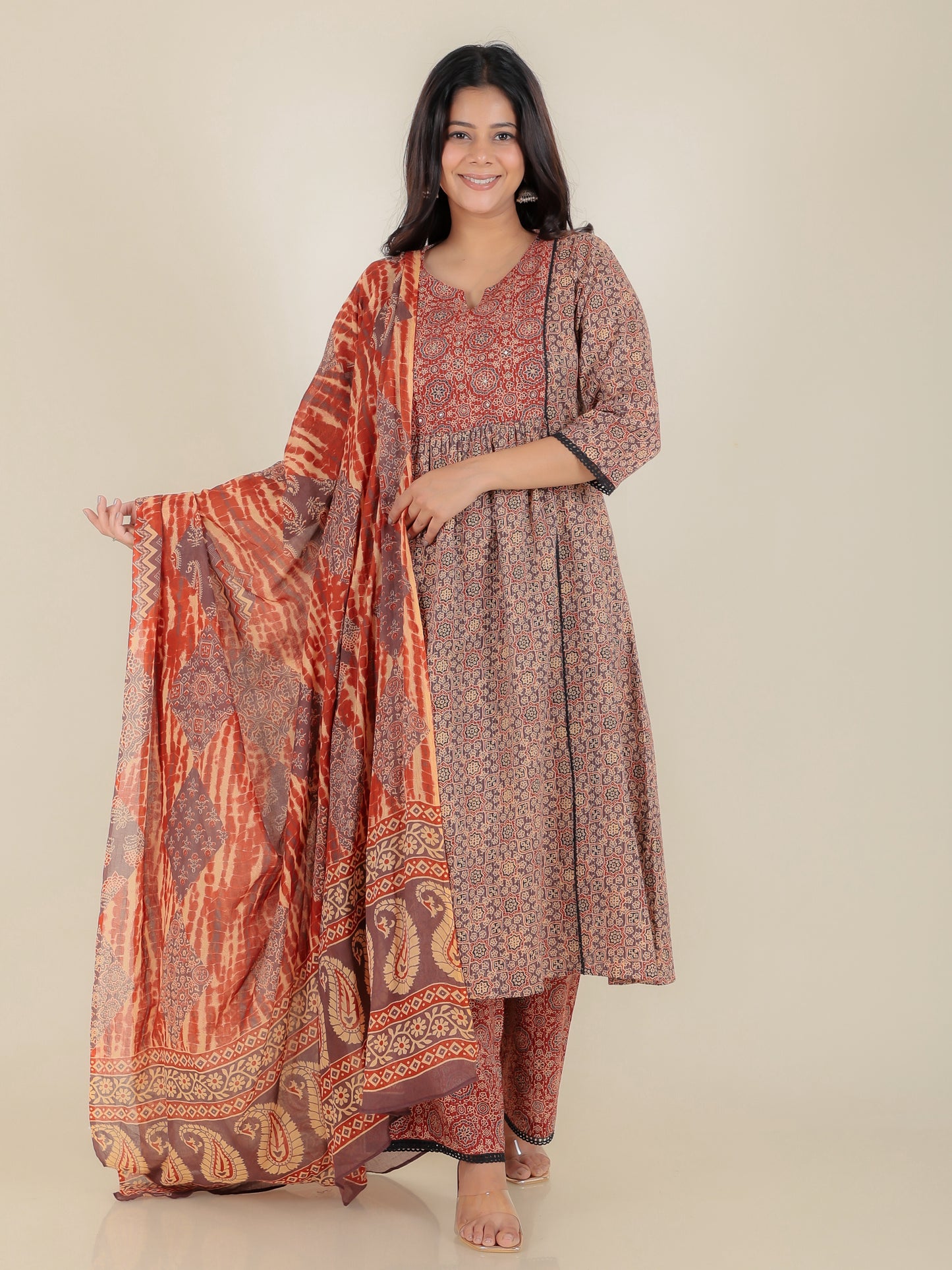 Embroidered Kantha Cotton Ajrakh Panelled Brown Kurta