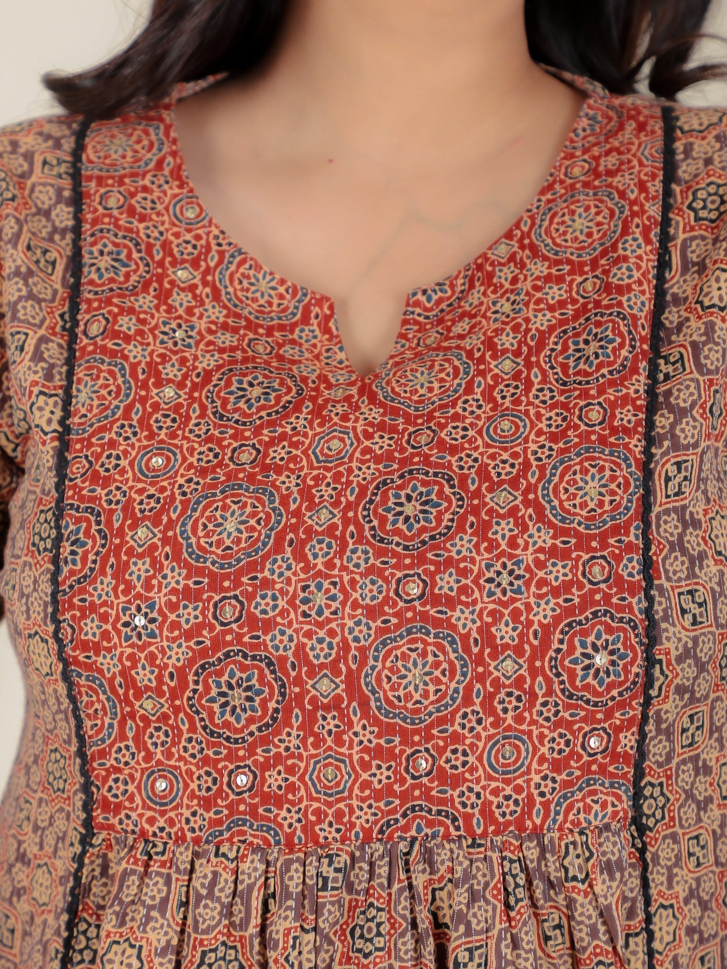 Embroidered Kantha Cotton Ajrakh Panelled Brown Kurta