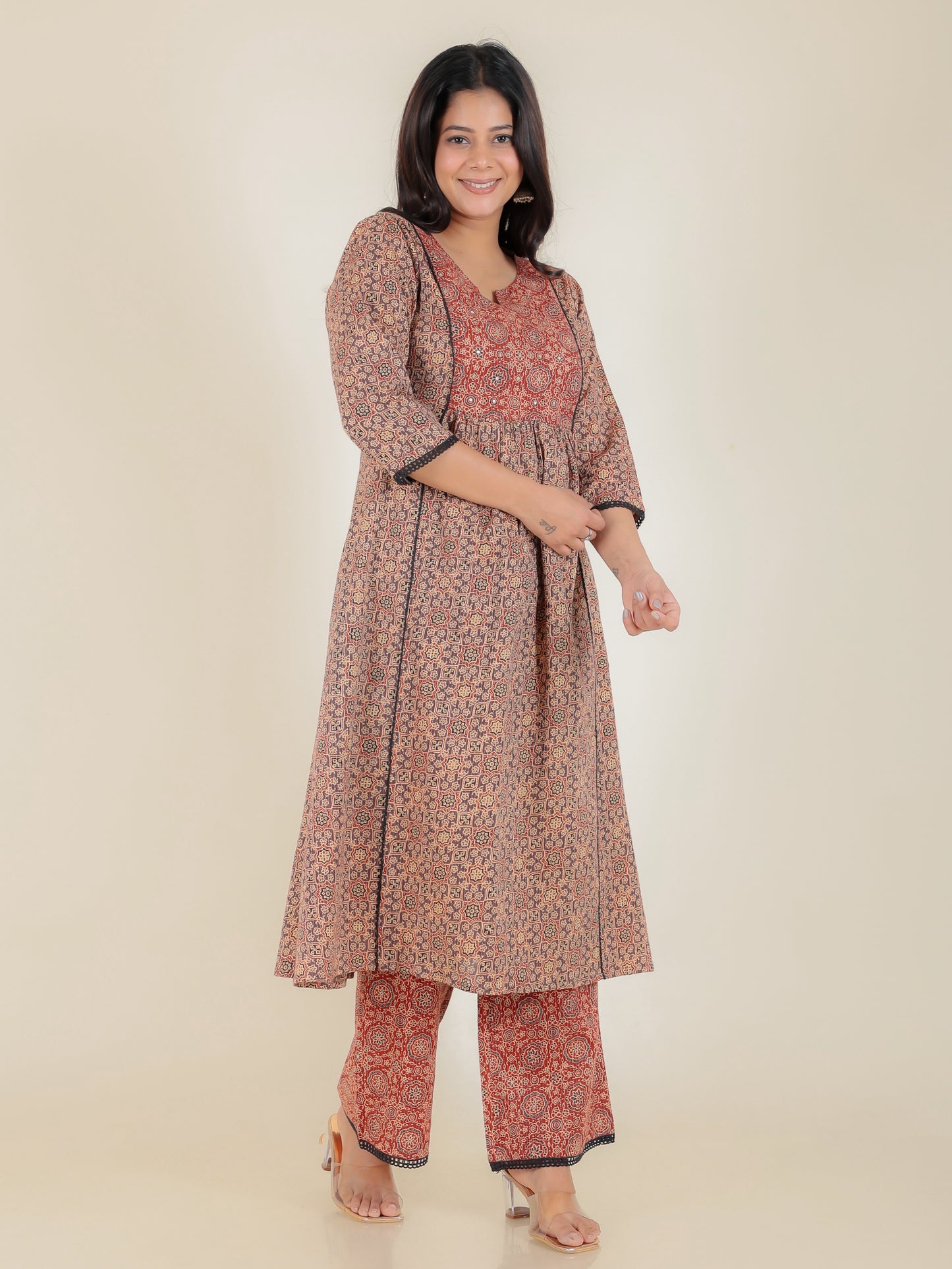 Embroidered Kantha Cotton Ajrakh Panelled Brown Kurta