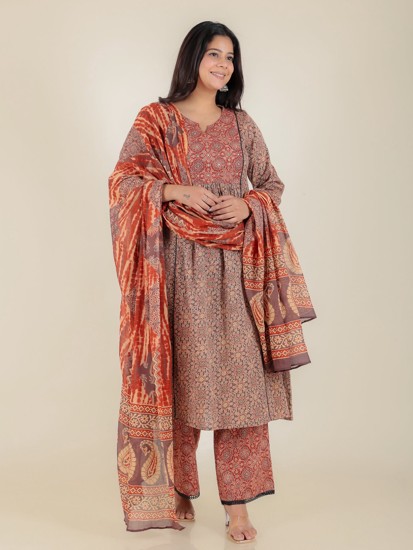 Embroidered Kantha Cotton Ajrakh Panelled Brown Kurta