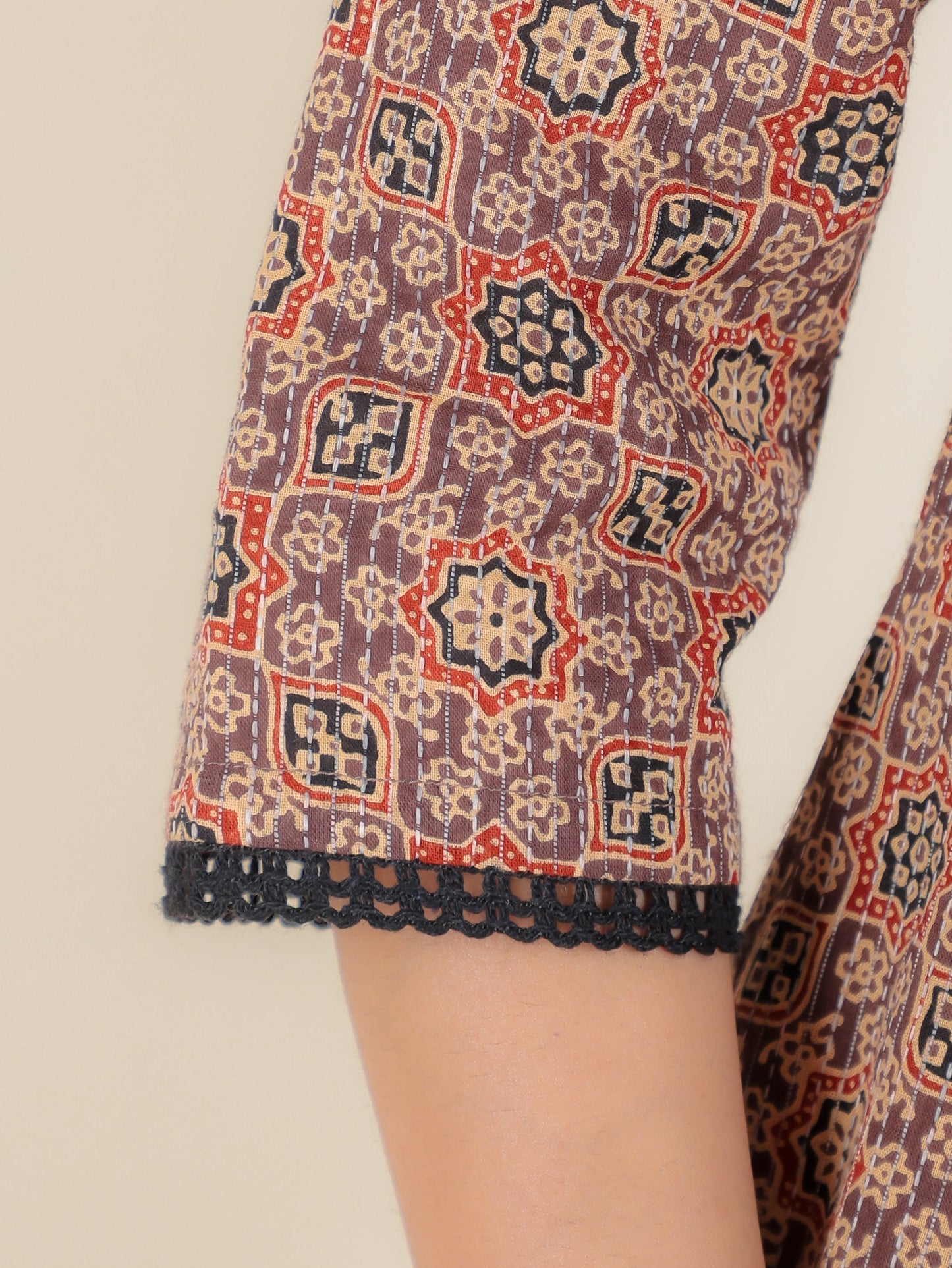 Embroidered Kantha Cotton Ajrakh Panelled Brown Kurta