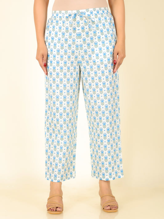 Soft Cotton Butti White Straight Trousers