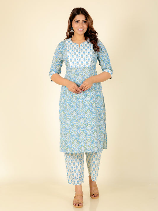 Soft Cotton Floral Straight Blue Kurta