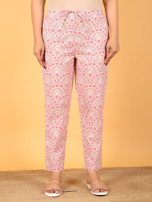 Soft Cotton Floral Pink Tapered Trousers