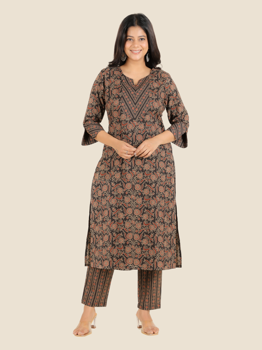 Soft Cotton Floral Straight Black Kurta