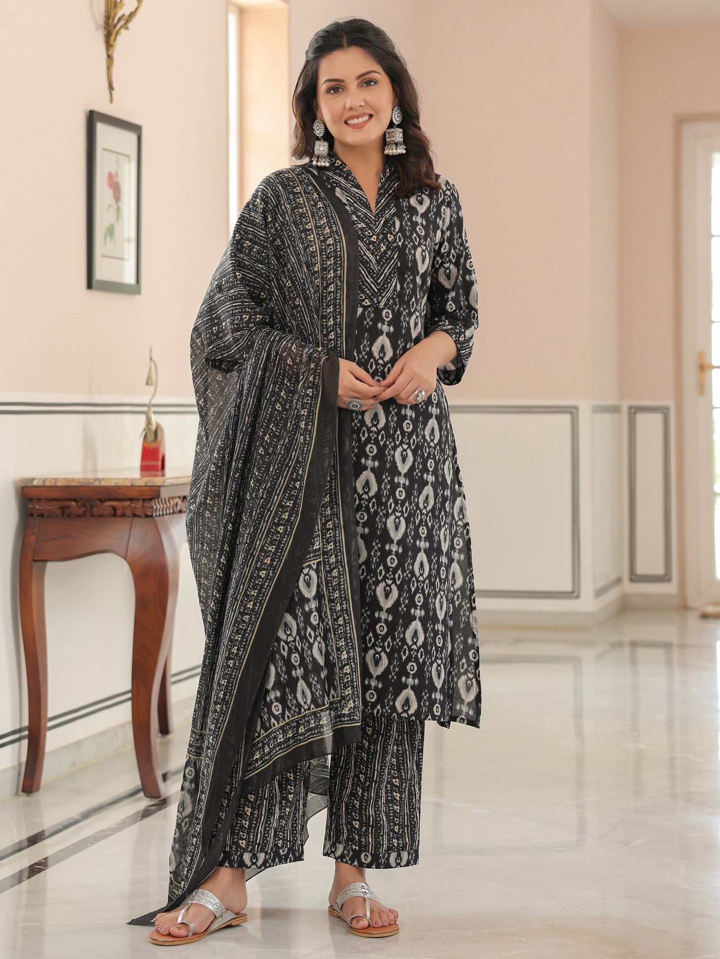 Soft Cotton Ikat Straight Black Kurta