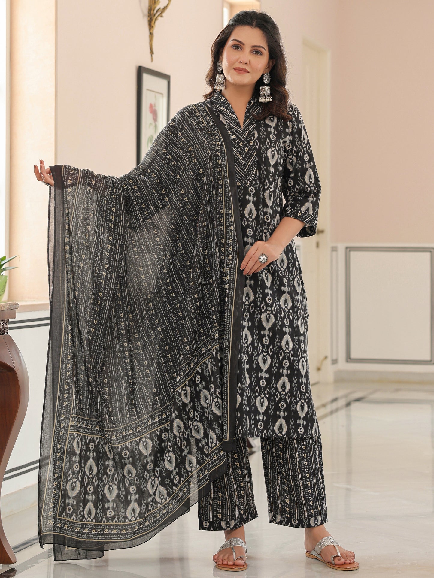 Soft Cotton Ikat Straight Black Kurta