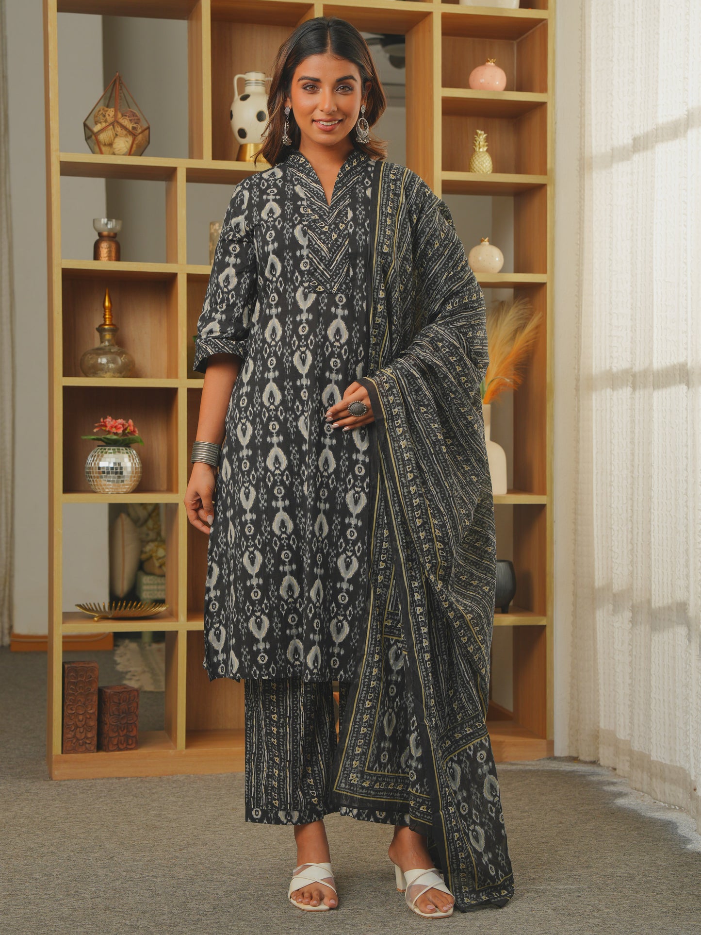 Soft Cotton Ikat A-line Black Kurta
