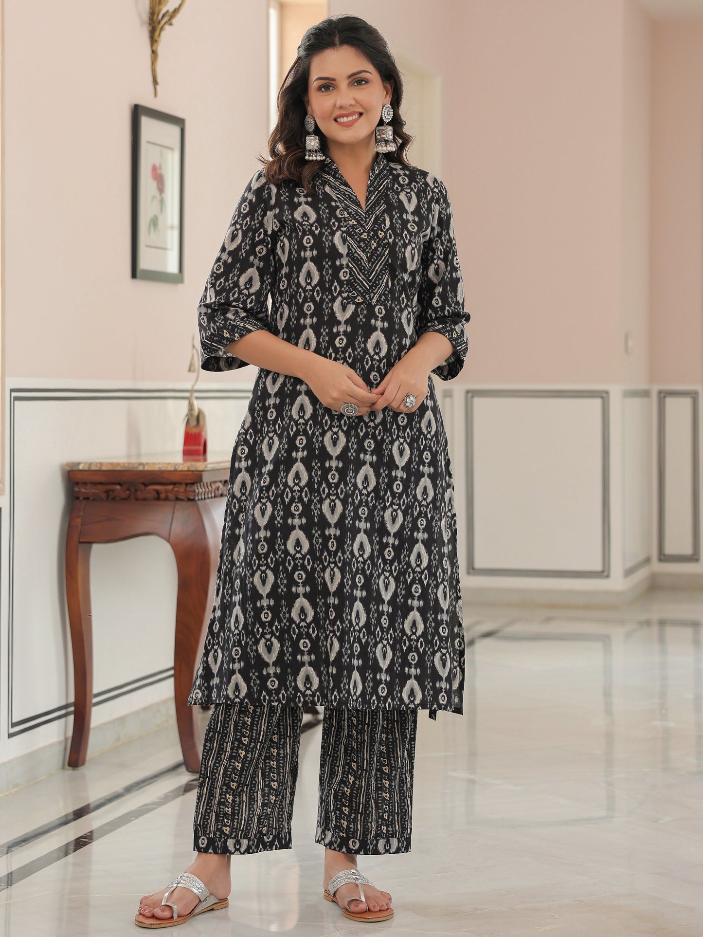 Soft Cotton Ikat Straight Black Kurta