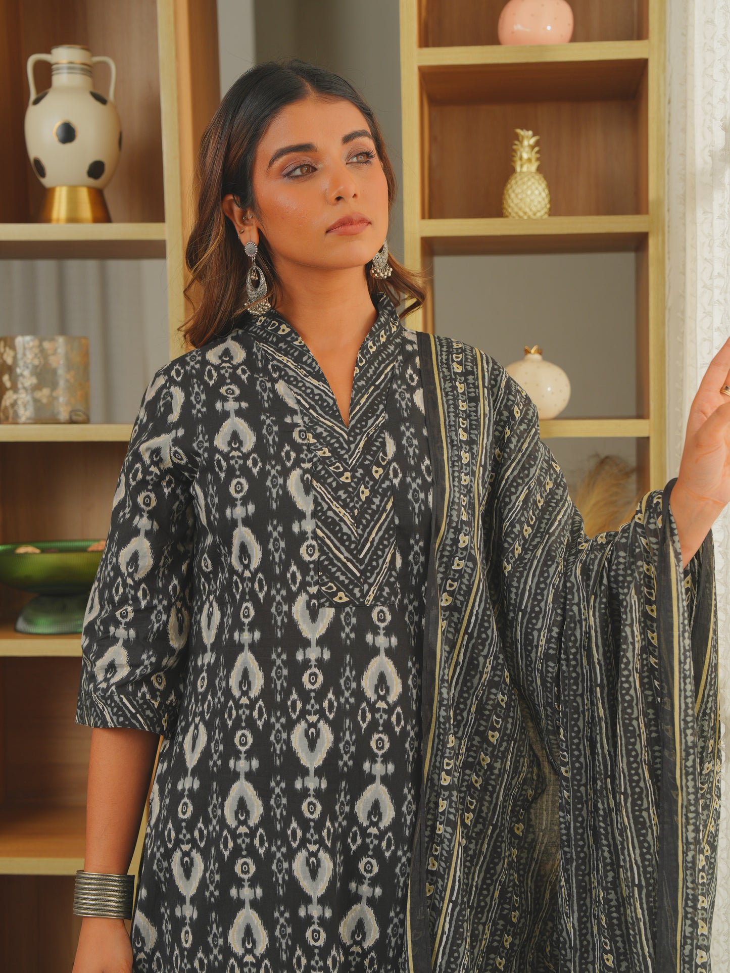 Soft Cotton Ikat A-line Black Kurta