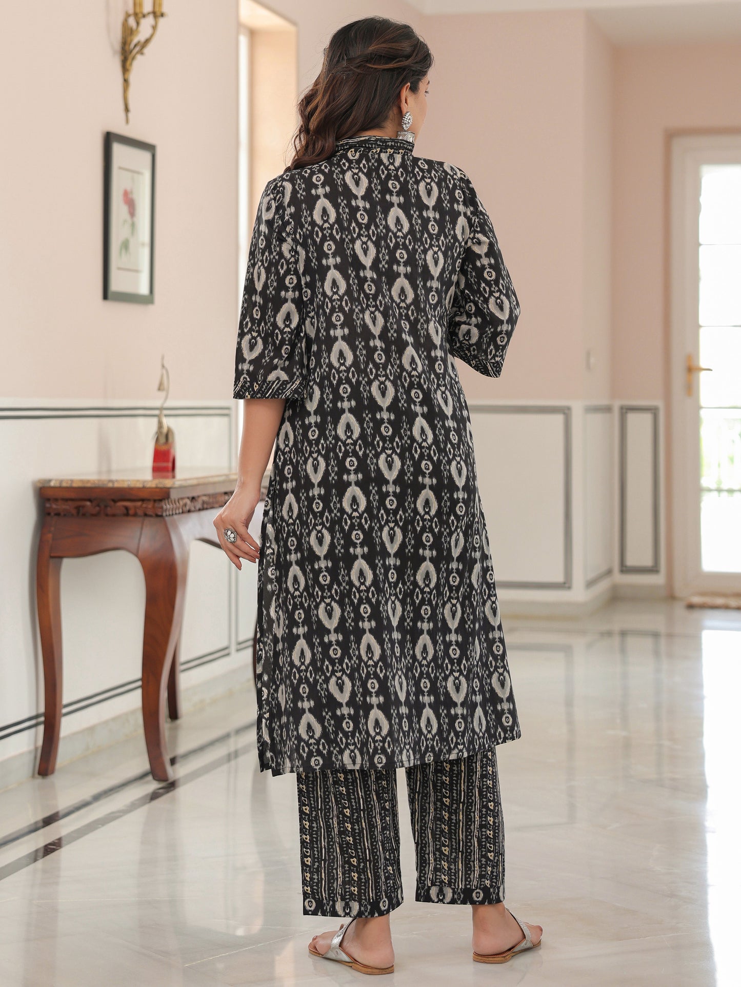 Soft Cotton Ikat Straight Black Kurta
