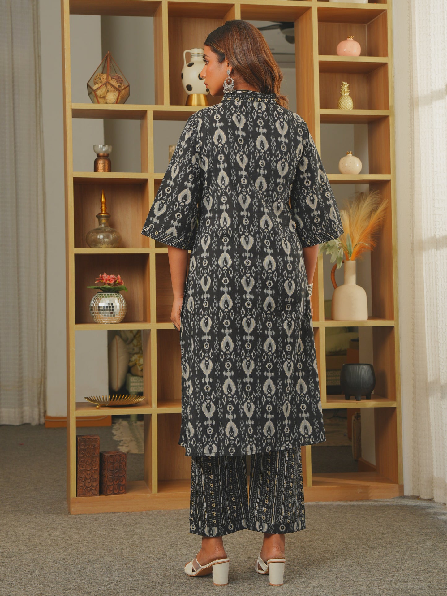 Soft Cotton Ikat A-line Black Kurta