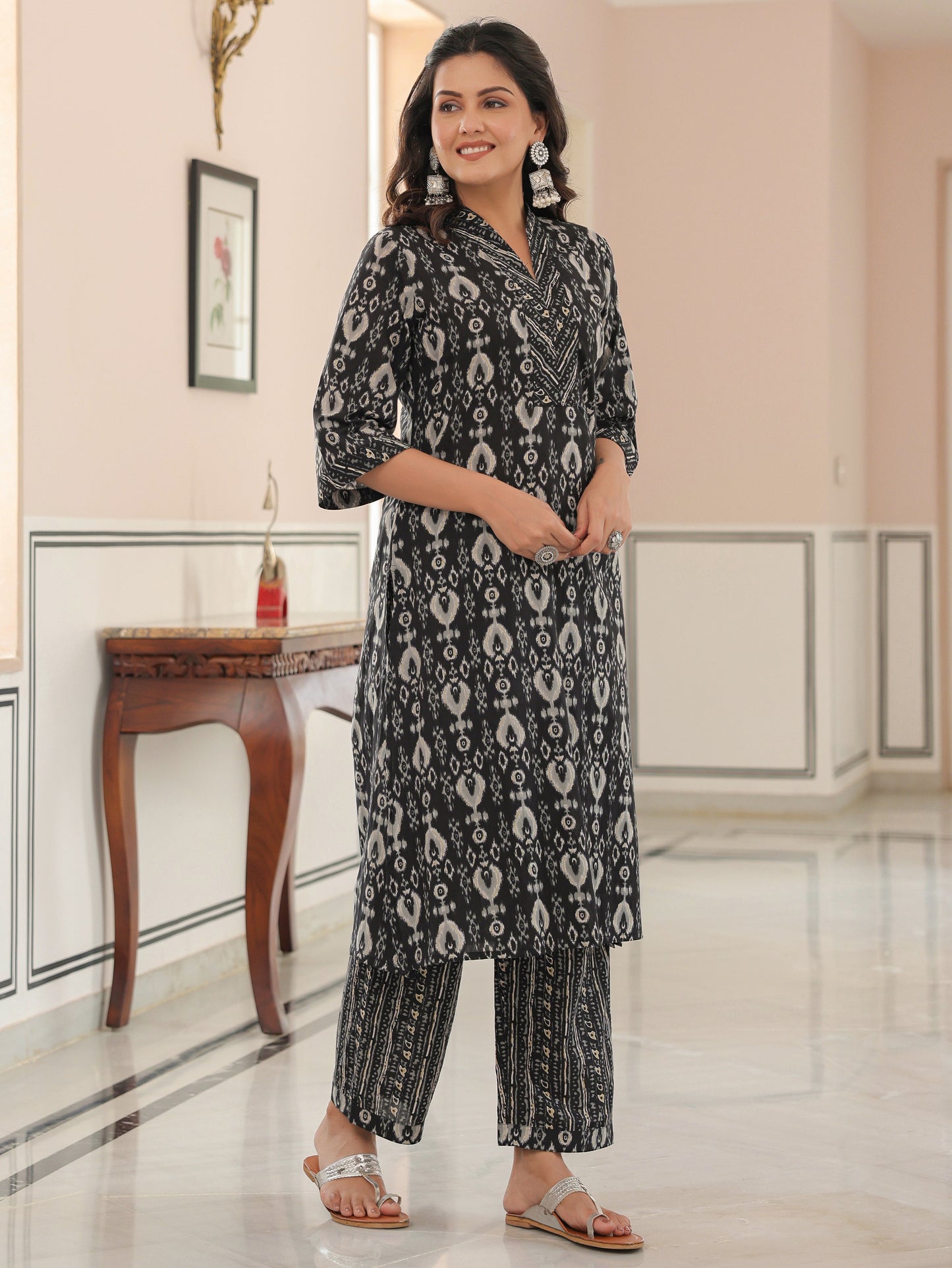 Soft Cotton Ikat Straight Black Kurta