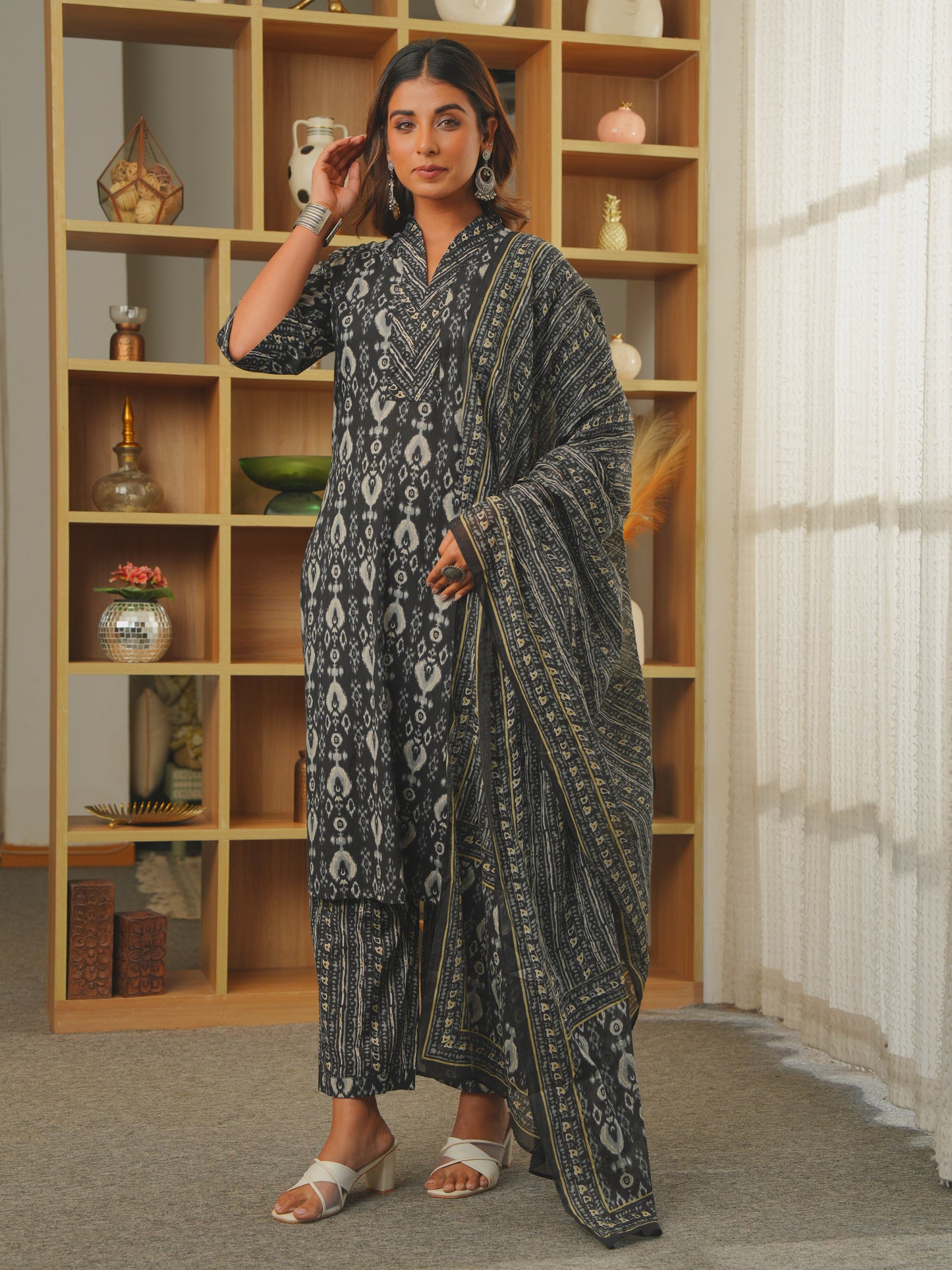 Soft Cotton Ikat A-line Black Kurta