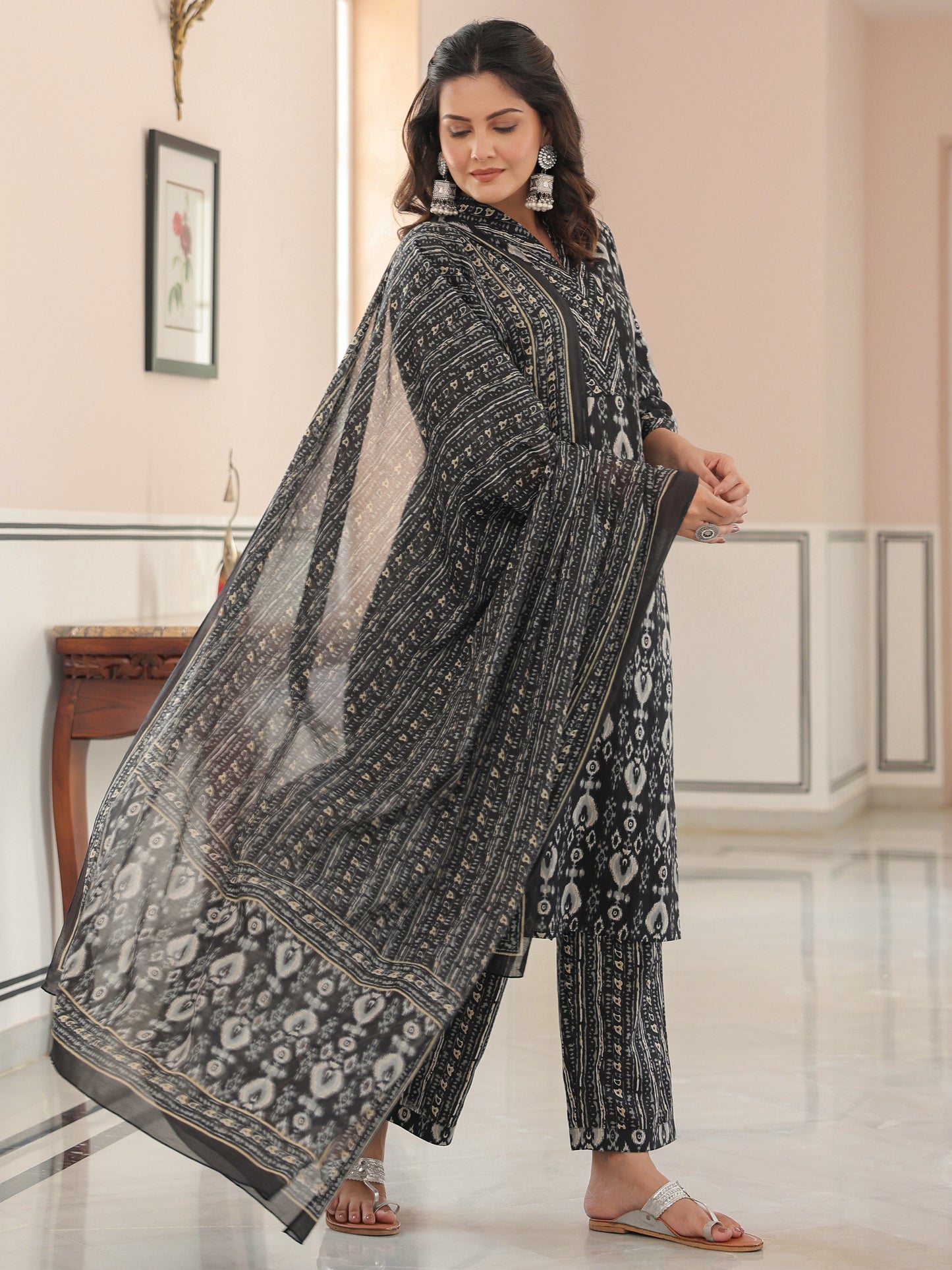 Soft Cotton Ikat Straight Black Kurta