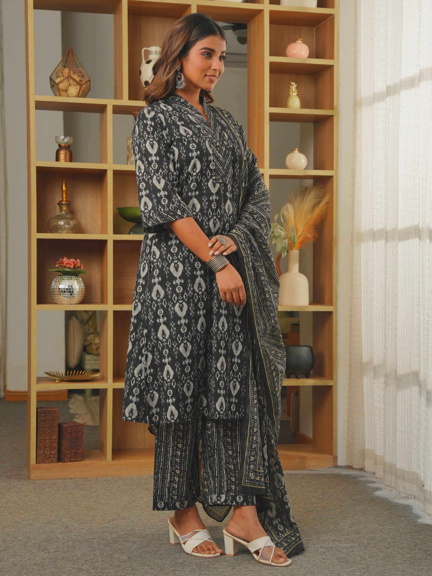 Soft Cotton Ikat A-line Black Kurta