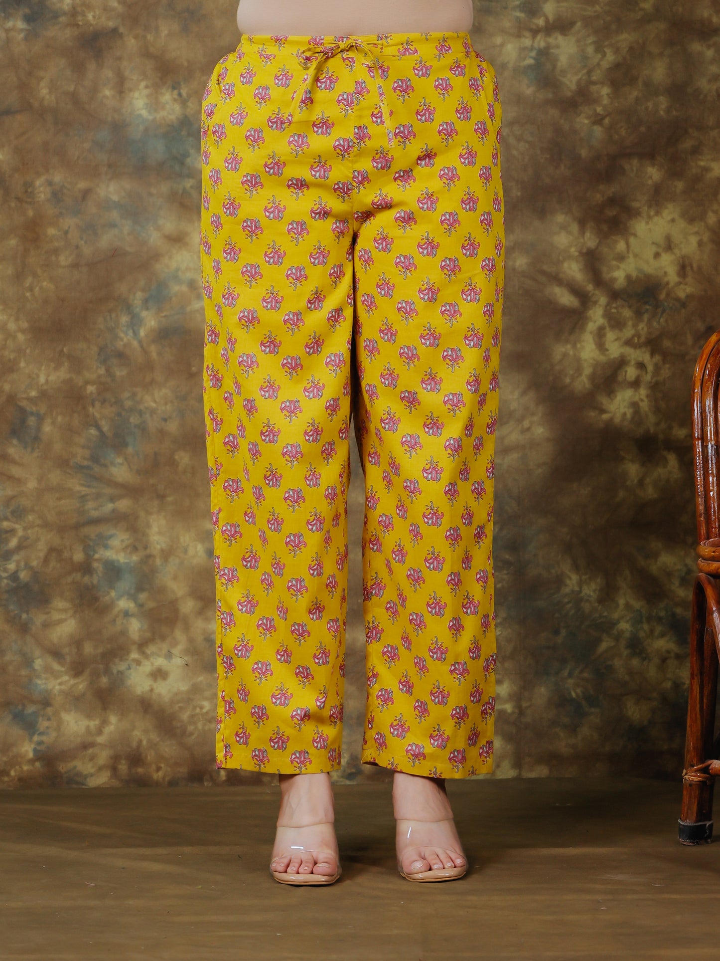 Soft Cotton Floral Yellow Straight Trousers