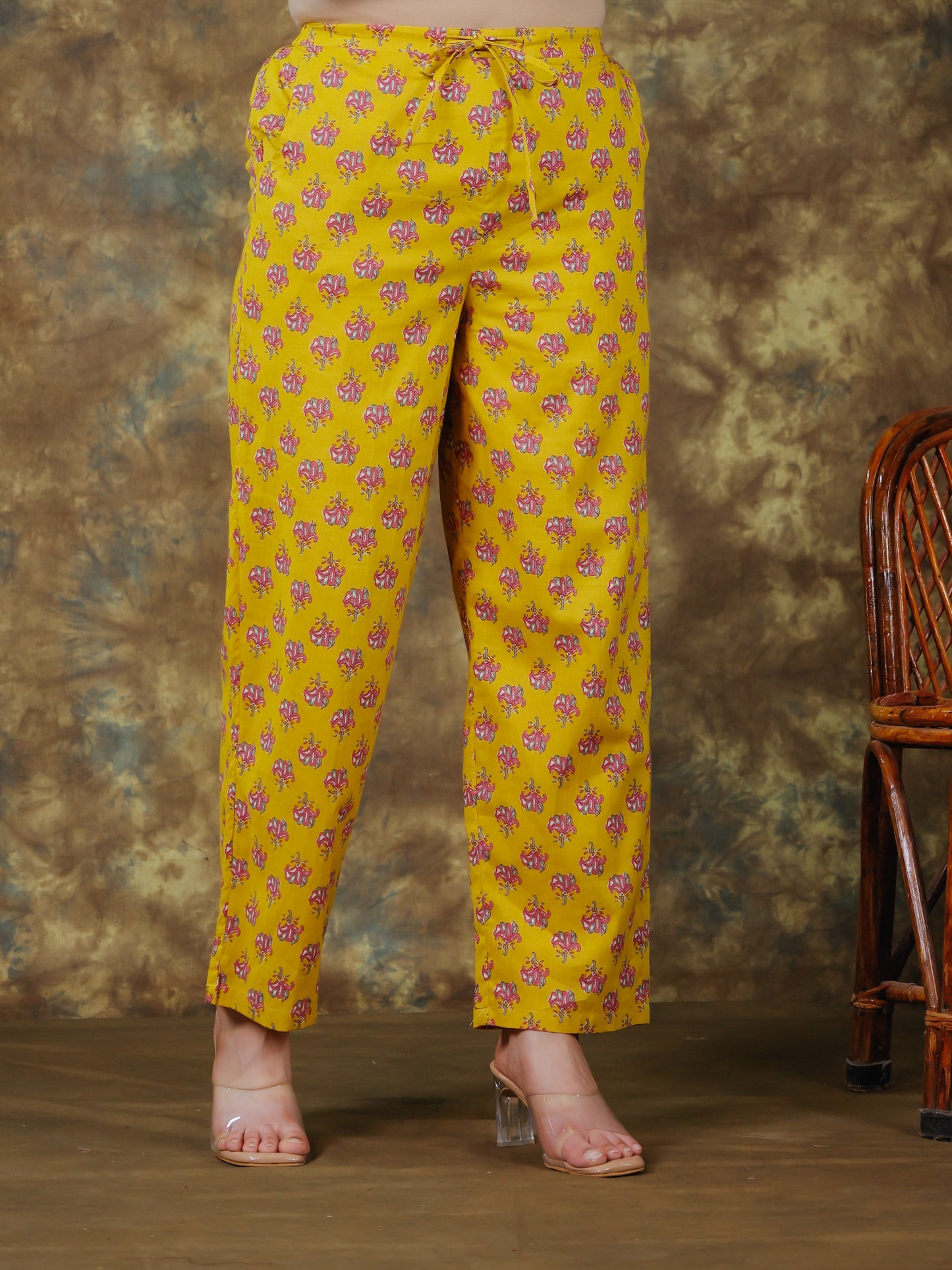 Soft Cotton Floral Yellow Straight Trousers