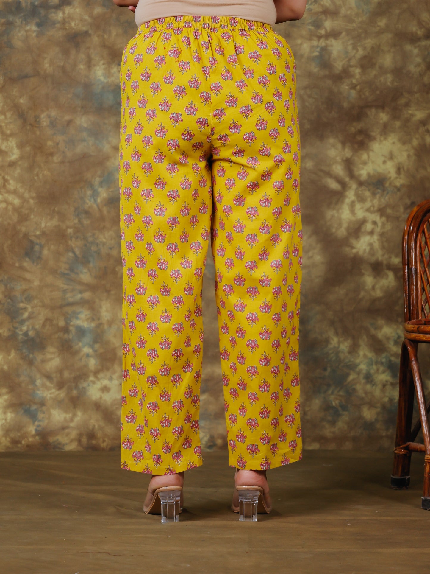Soft Cotton Floral Yellow Straight Trousers