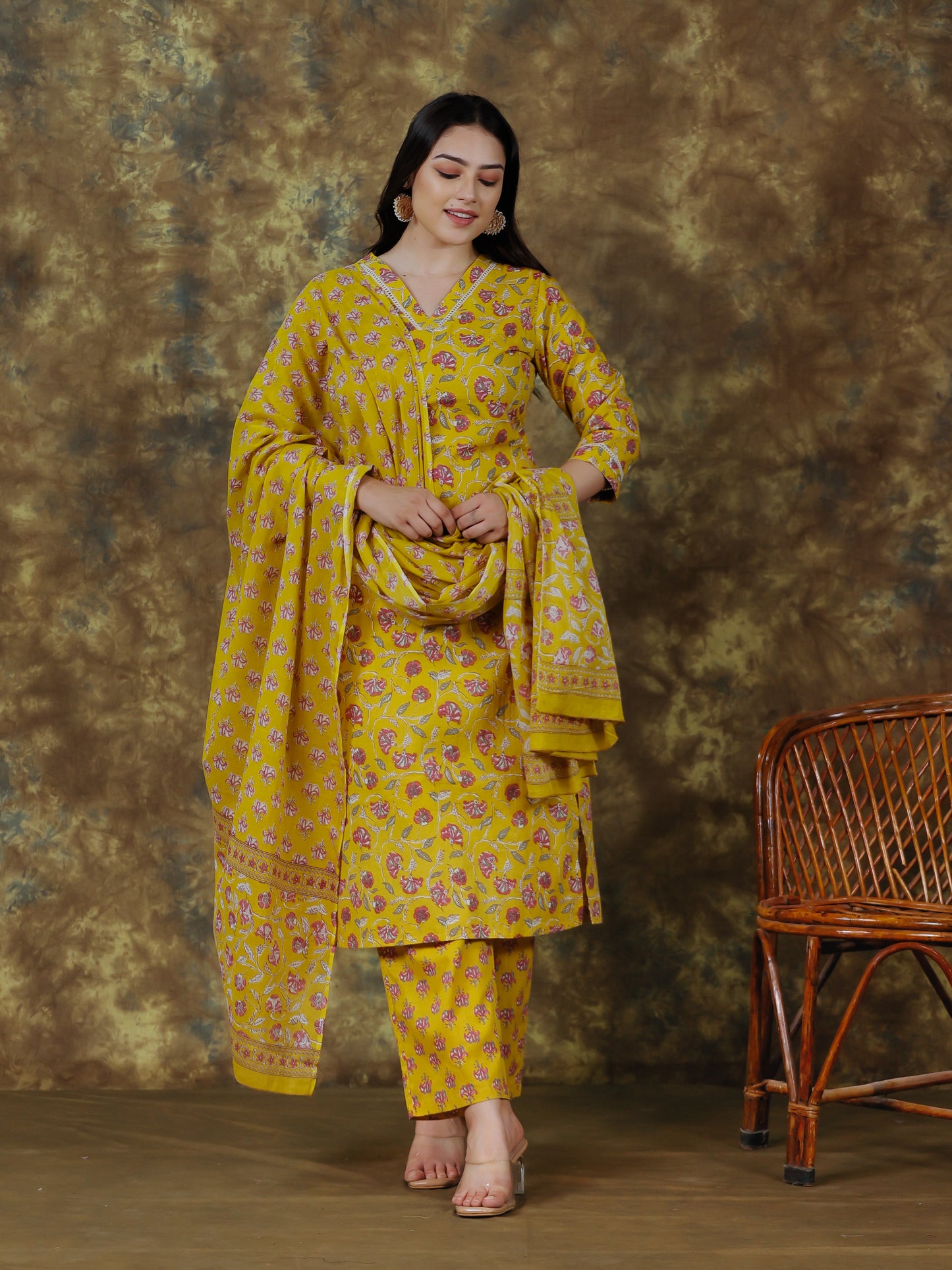 Cotton Voile Floral Yellow Dupatta