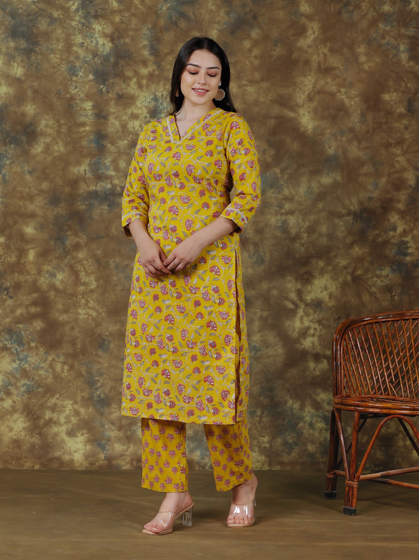 Soft Cotton Floral Straight Yellow Kurta