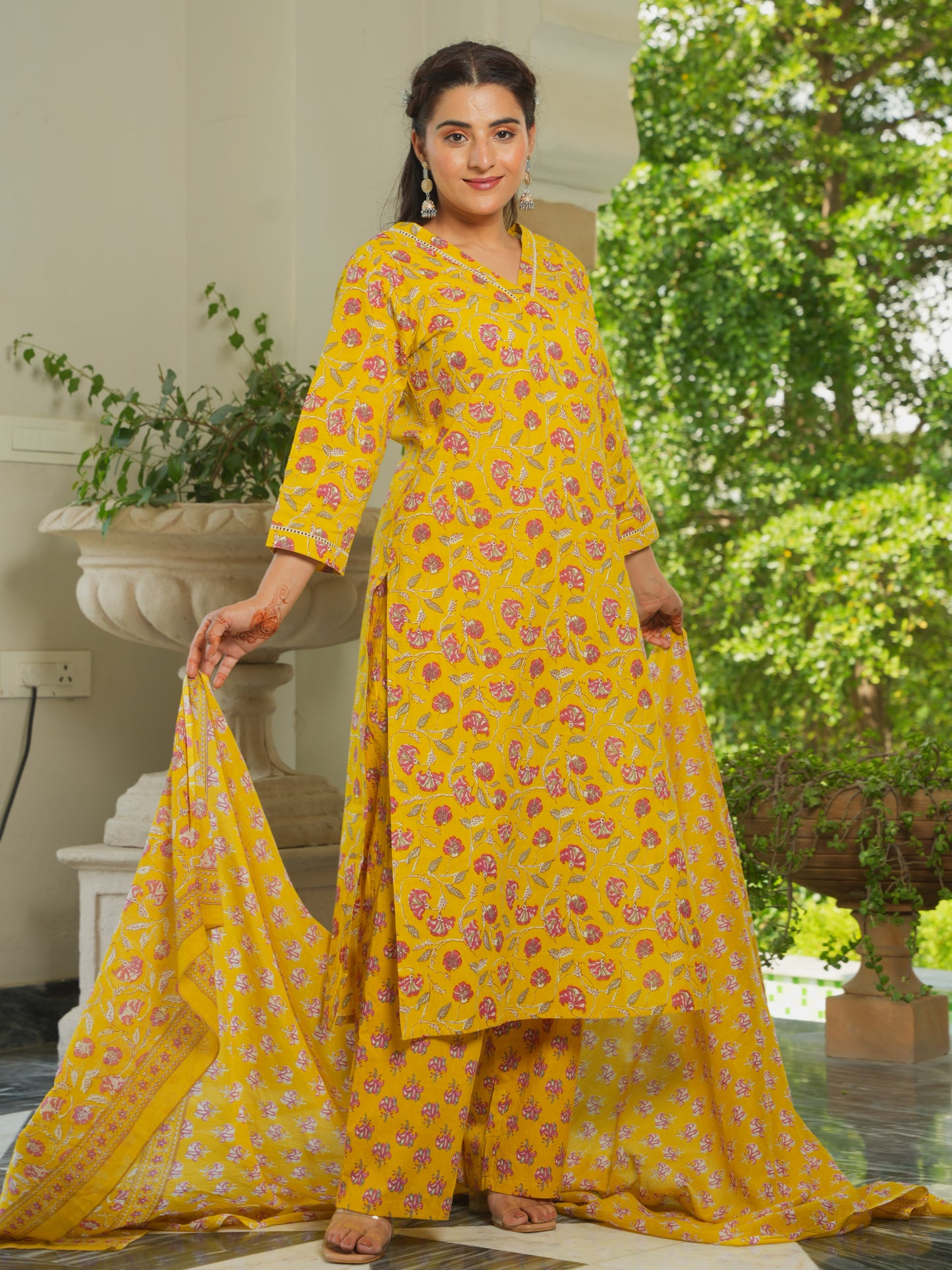 Cotton Voile Floral Yellow Dupatta