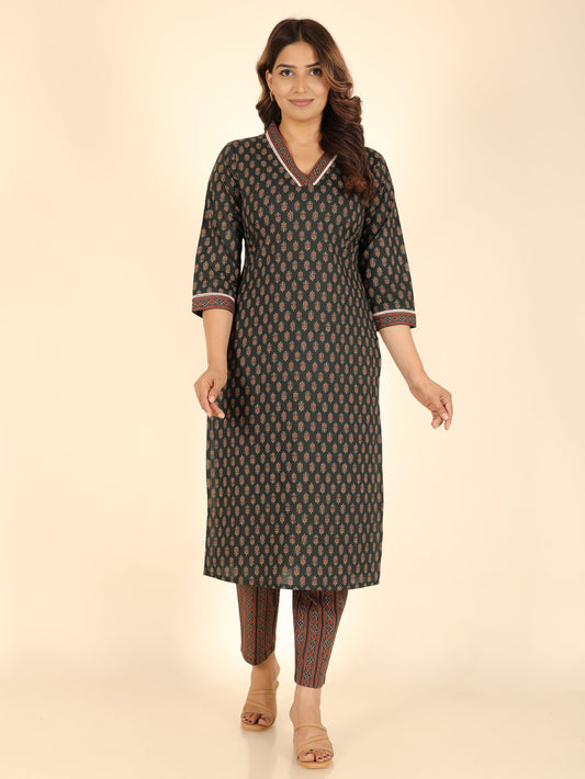 Soft Cotton Ajrakh Straight Green Kurta