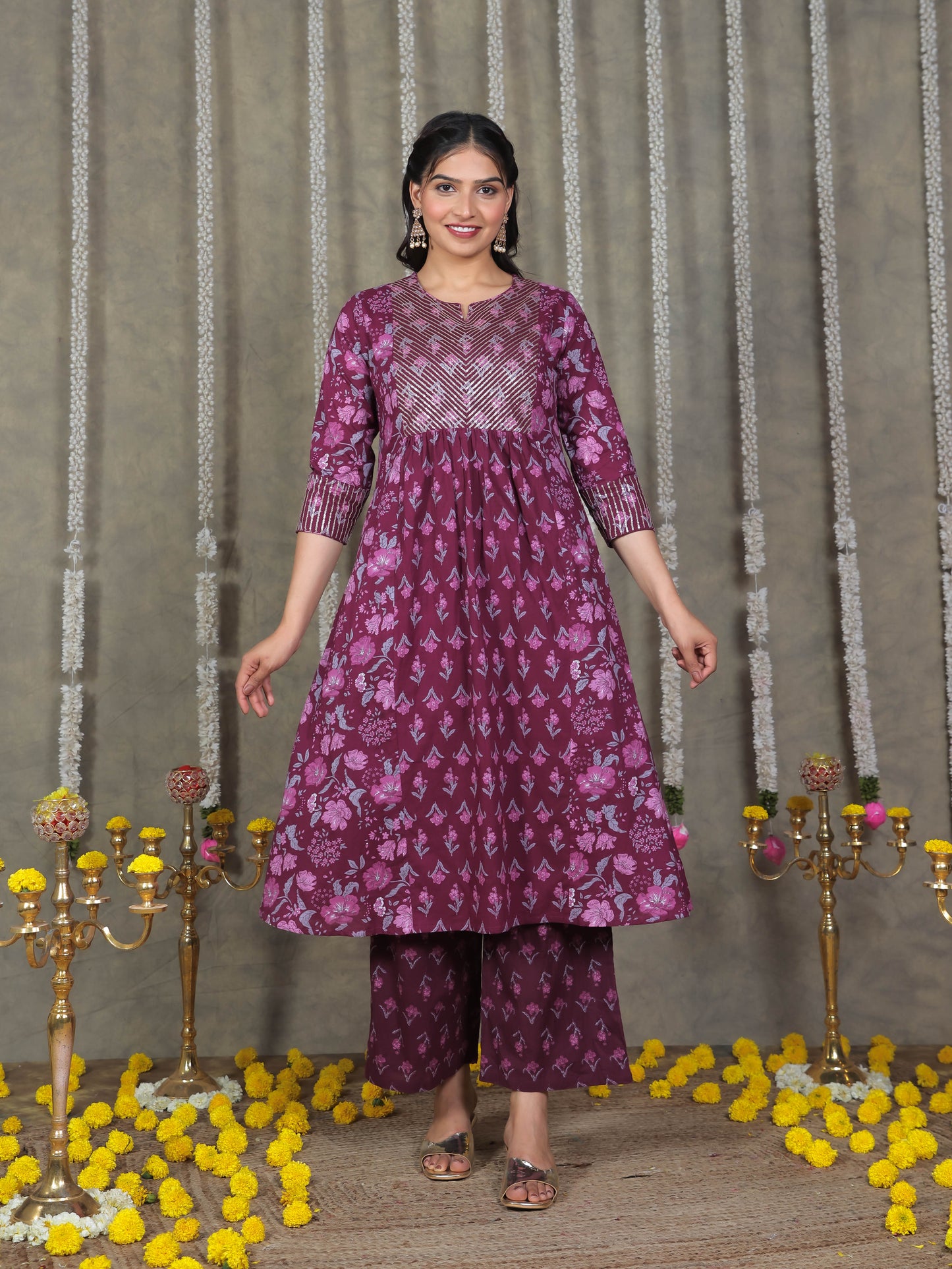 Embroidered Soft Cotton Floral Flared Purple Kurta
