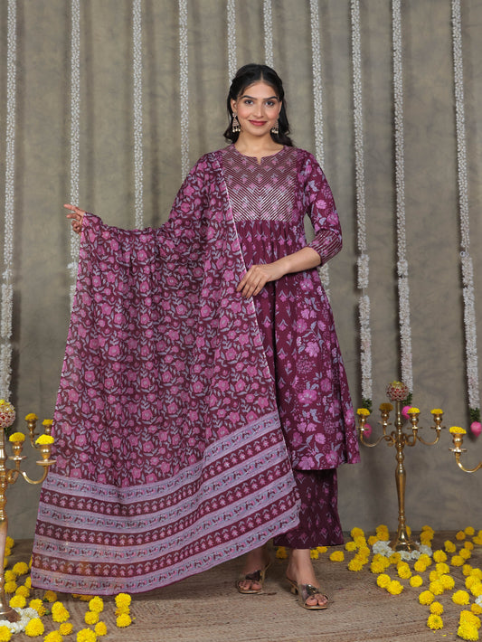 Embroidered Soft Cotton Floral Flared Purple Kurta