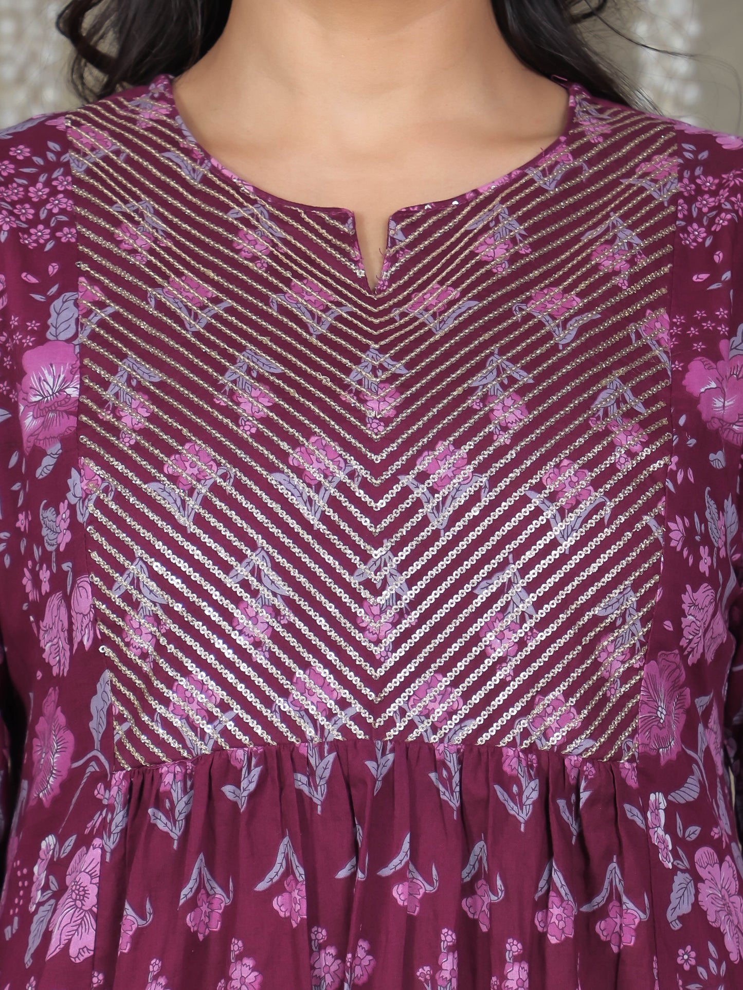 Embroidered Soft Cotton Floral Flared Purple Kurta