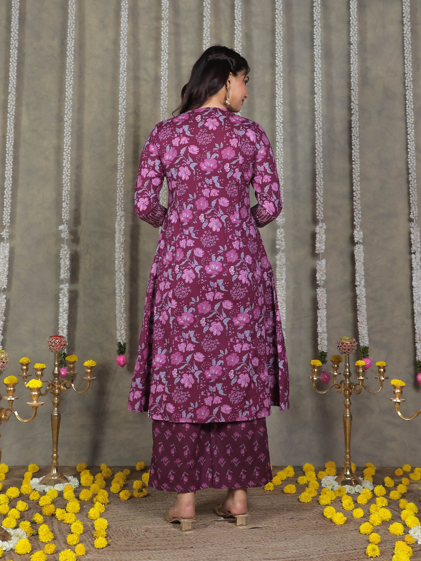 Embroidered Soft Cotton Floral Flared Purple Kurta